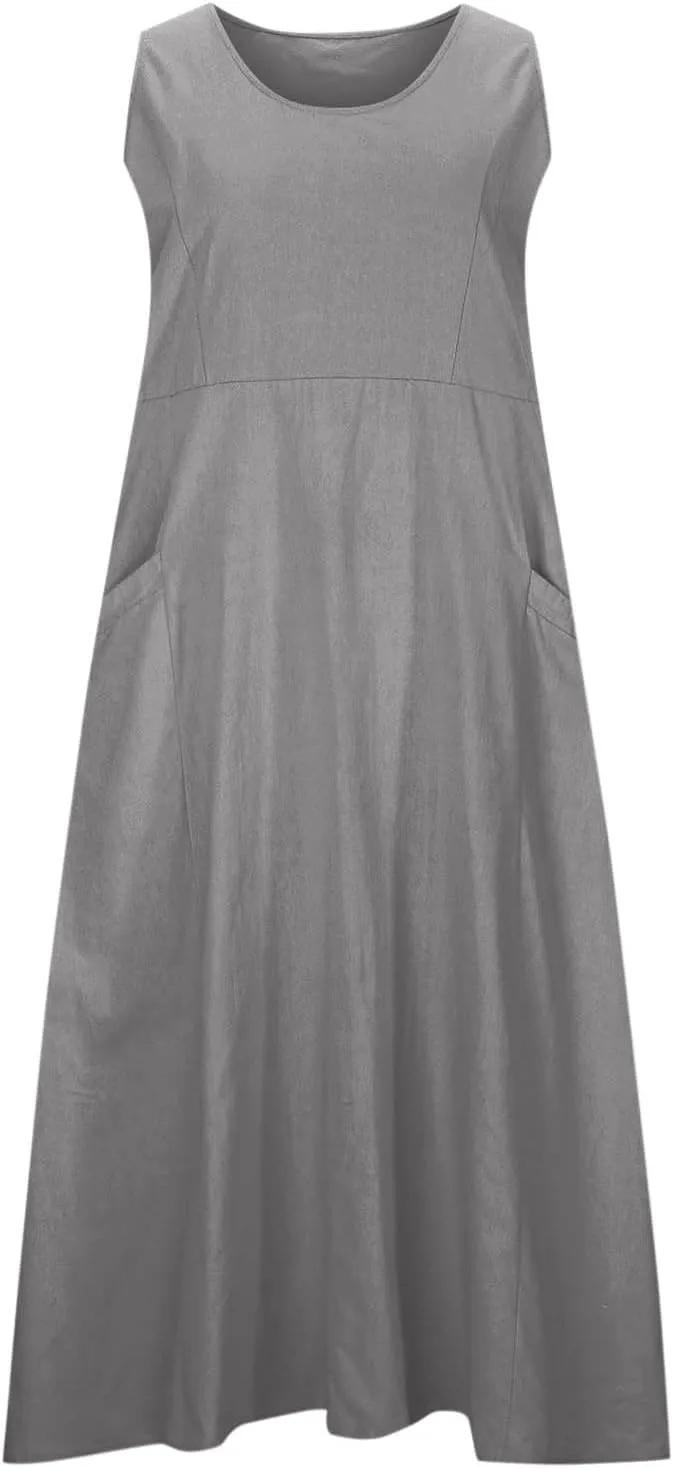 Plus Size Cotton Linen A-Line Maxi Dress Women Summer Lightweight Scoop Neck Beach Dresses Casual High Waist Dress