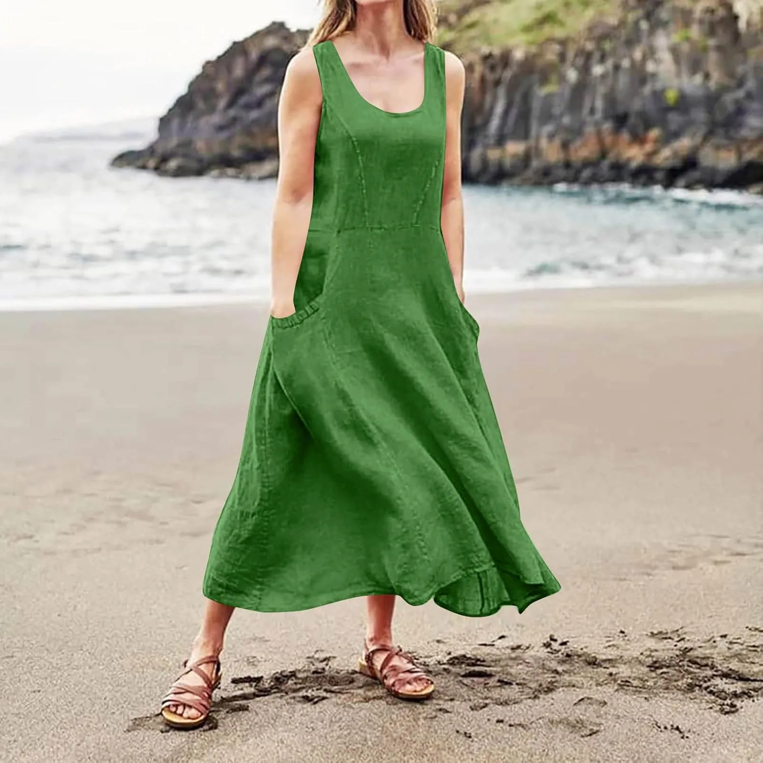 Plus Size Cotton Linen A-Line Maxi Dress Women Summer Lightweight Scoop Neck Beach Dresses Casual High Waist Dress