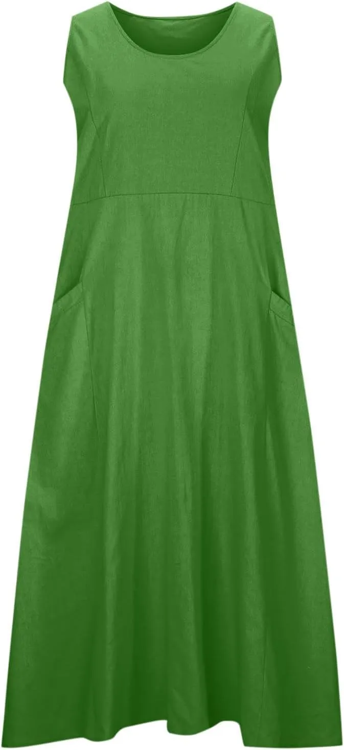 Plus Size Cotton Linen A-Line Maxi Dress Women Summer Lightweight Scoop Neck Beach Dresses Casual High Waist Dress