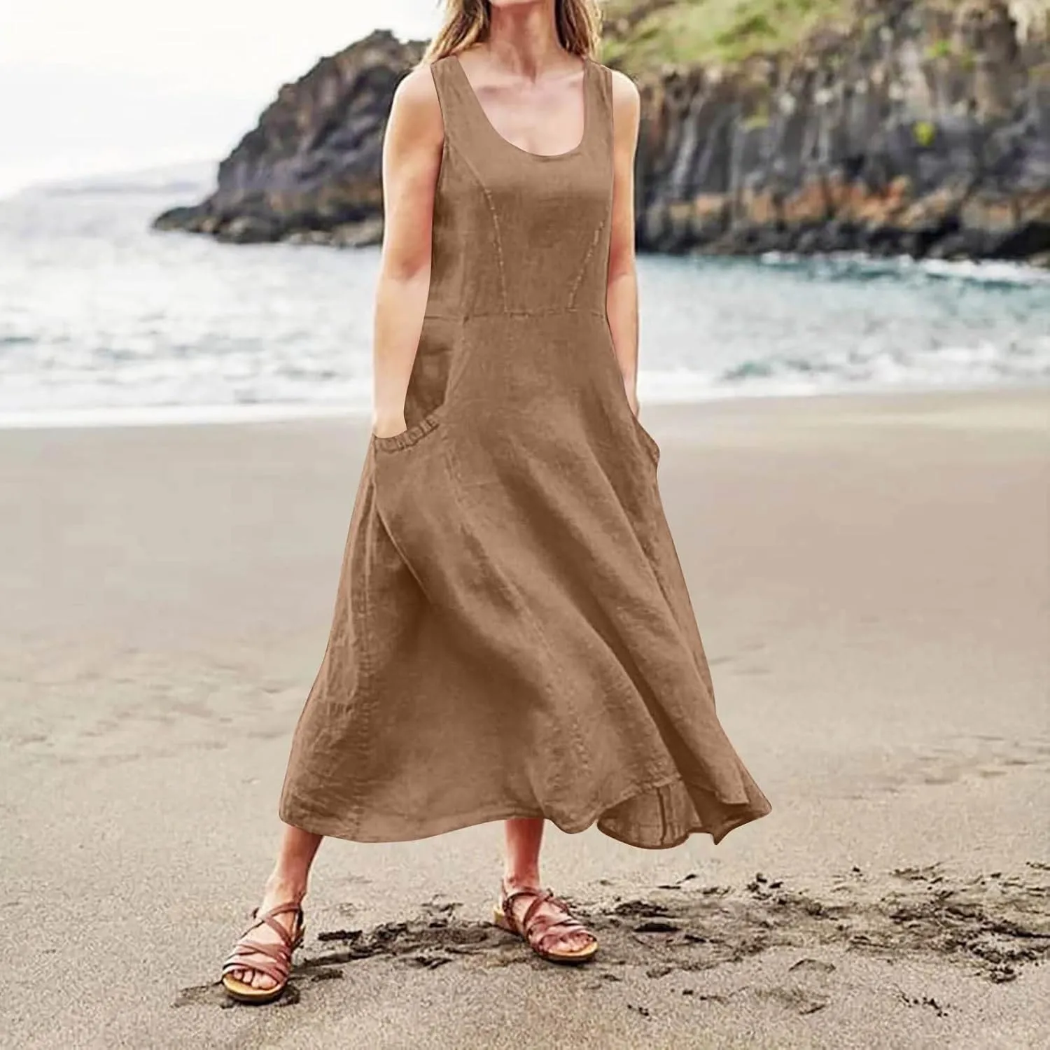 Plus Size Cotton Linen A-Line Maxi Dress Women Summer Lightweight Scoop Neck Beach Dresses Casual High Waist Dress