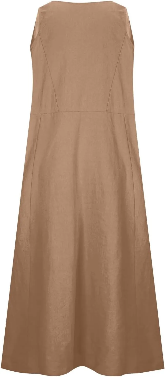 Plus Size Cotton Linen A-Line Maxi Dress Women Summer Lightweight Scoop Neck Beach Dresses Casual High Waist Dress