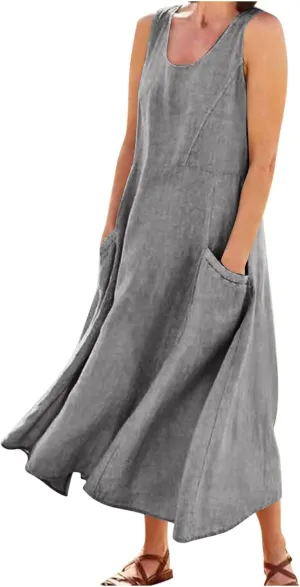 Plus Size Cotton Linen A-Line Maxi Dress Women Summer Lightweight Scoop Neck Beach Dresses Casual High Waist Dress