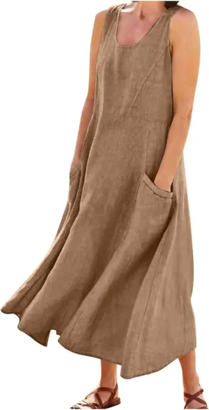 Plus Size Cotton Linen A-Line Maxi Dress Women Summer Lightweight Scoop Neck Beach Dresses Casual High Waist Dress