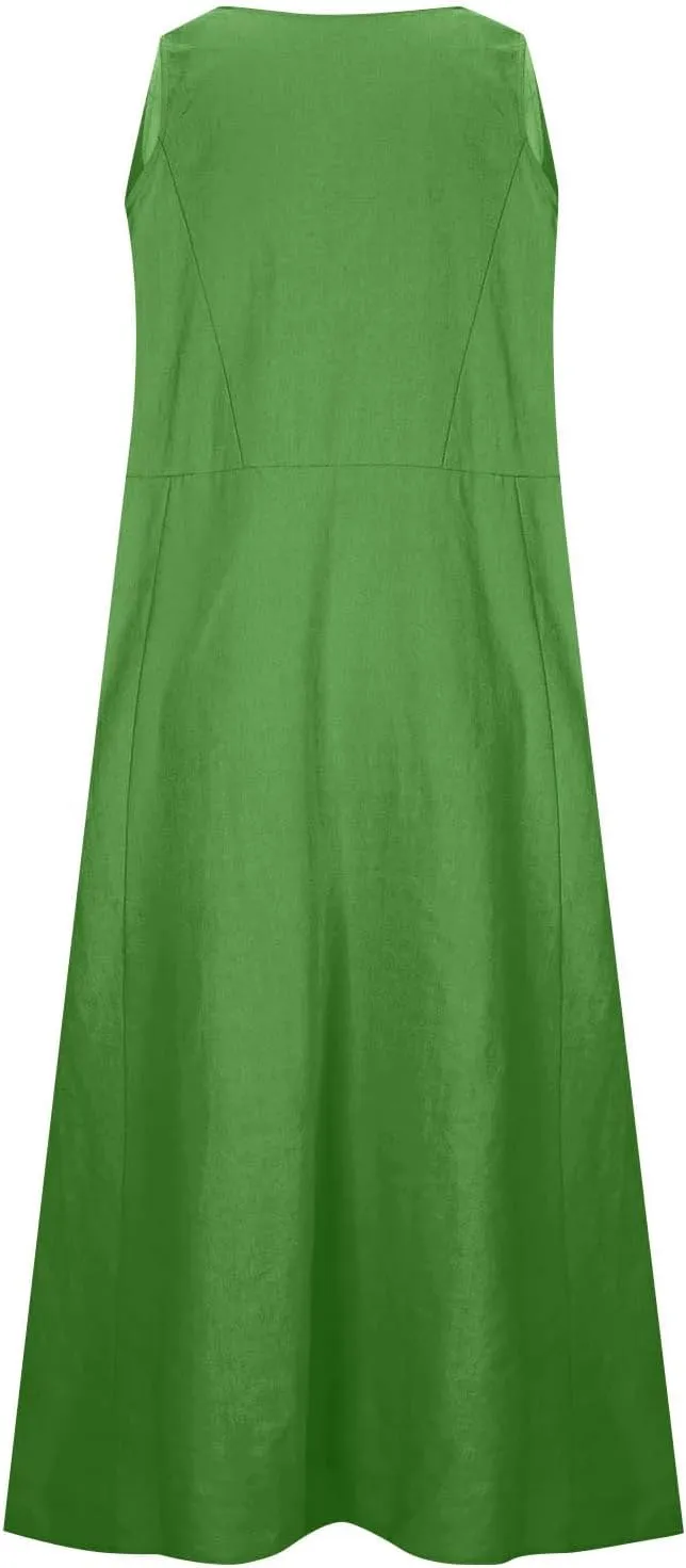 Plus Size Cotton Linen A-Line Maxi Dress Women Summer Lightweight Scoop Neck Beach Dresses Casual High Waist Dress