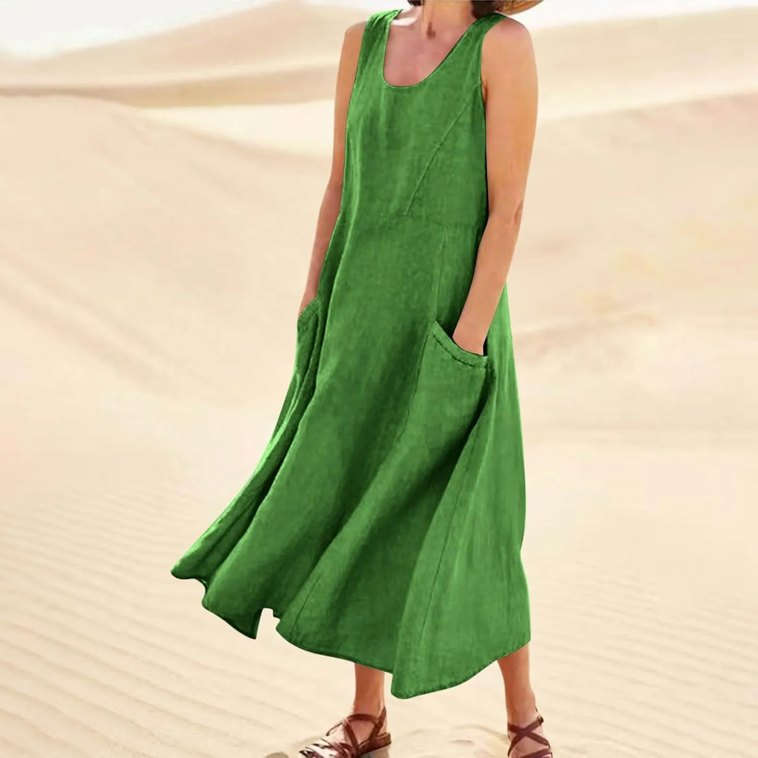 Plus Size Cotton Linen A-Line Maxi Dress Women Summer Lightweight Scoop Neck Beach Dresses Casual High Waist Dress