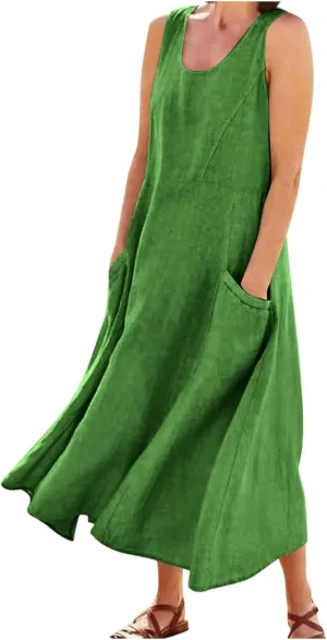 Plus Size Cotton Linen A-Line Maxi Dress Women Summer Lightweight Scoop Neck Beach Dresses Casual High Waist Dress