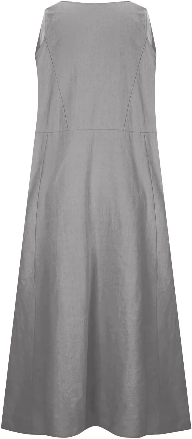 Plus Size Cotton Linen A-Line Maxi Dress Women Summer Lightweight Scoop Neck Beach Dresses Casual High Waist Dress