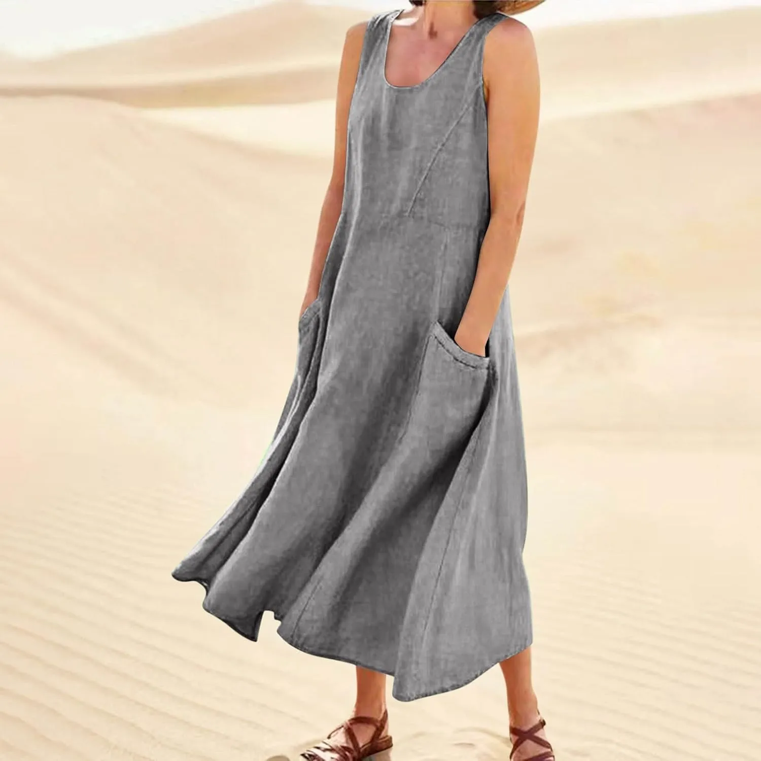 Plus Size Cotton Linen A-Line Maxi Dress Women Summer Lightweight Scoop Neck Beach Dresses Casual High Waist Dress