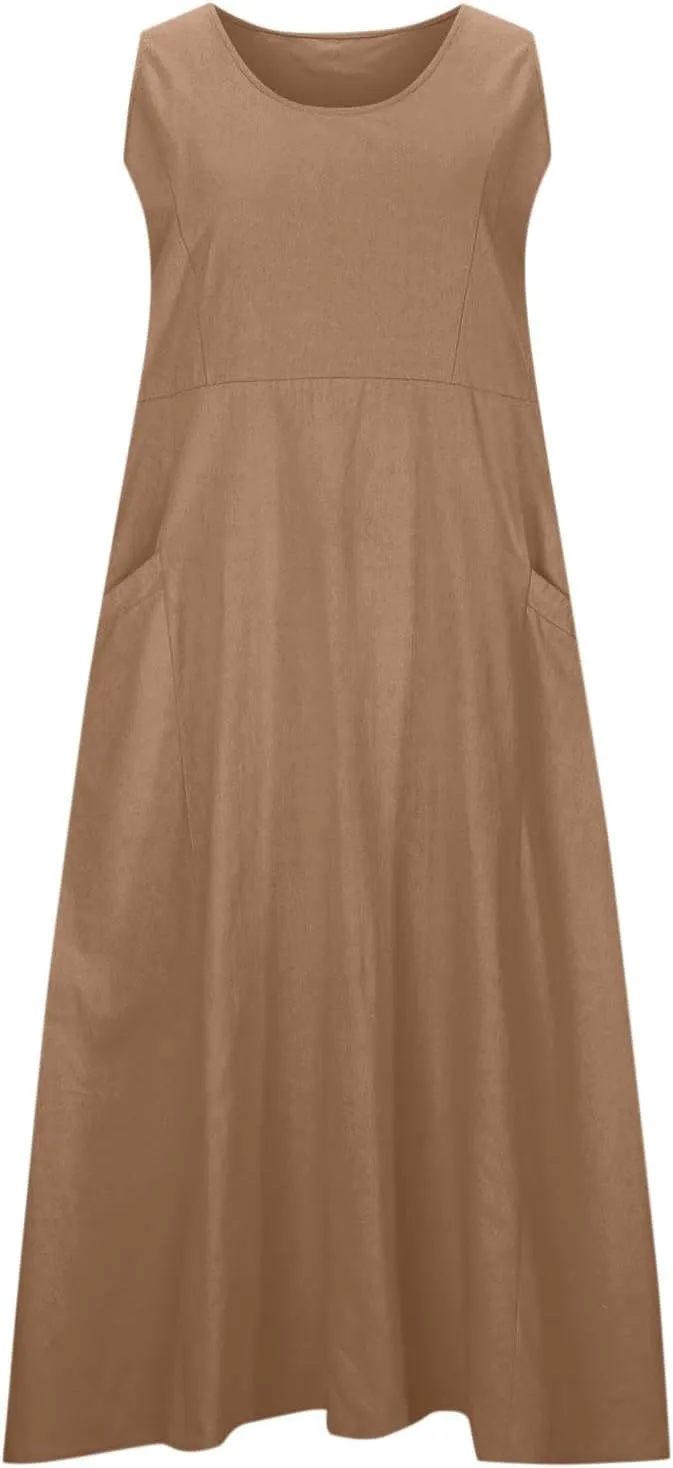 Plus Size Cotton Linen A-Line Maxi Dress Women Summer Lightweight Scoop Neck Beach Dresses Casual High Waist Dress