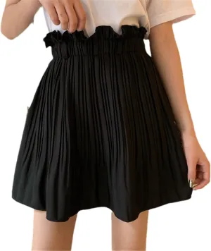 Plus Size Women Mini Skirt Black Summer High Waist Pleated Skirt Lined Chiffon A Line Ruffles Fashion Causal Skirt