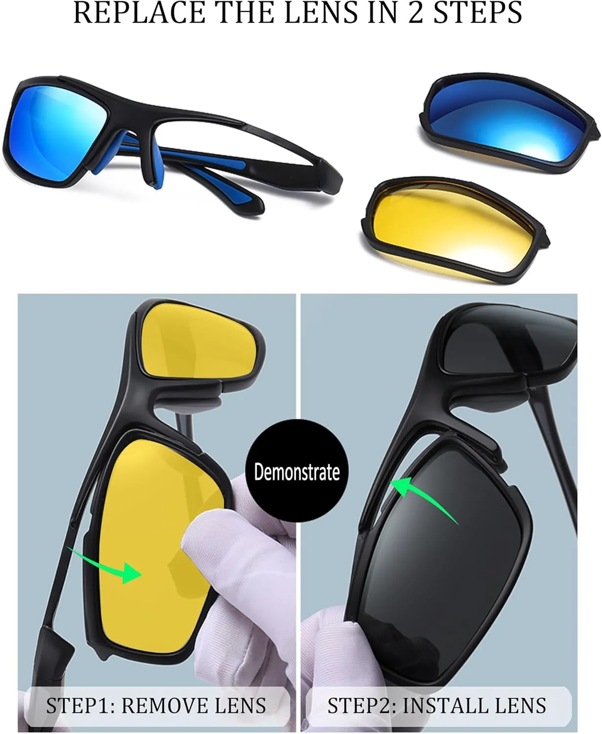 Polarized Night Driving Glasses Unisex NIght Cycling Glasses with Replacement Sunglasses Lens for Daytime