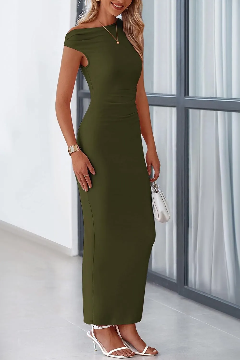 PRETTYGARDEN 2025 Women Summer Formal Maxi Dresses Sleeveless One Shoulder Bodycon Ruched Mesh Wedding Guest Cocktail Dress