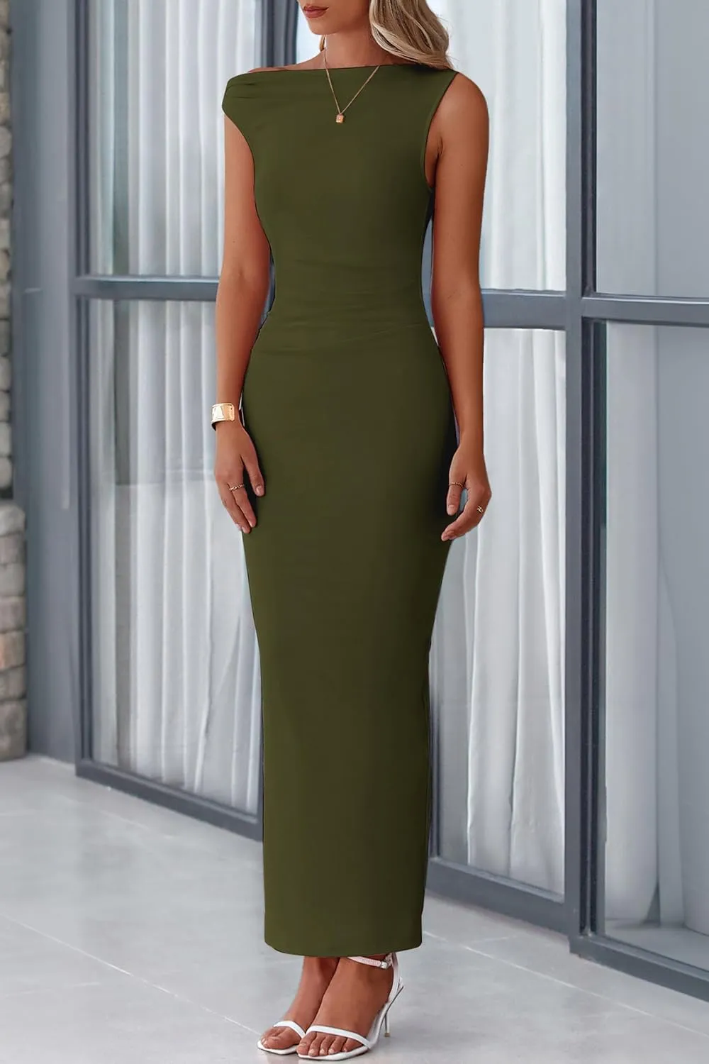 PRETTYGARDEN 2025 Women Summer Formal Maxi Dresses Sleeveless One Shoulder Bodycon Ruched Mesh Wedding Guest Cocktail Dress