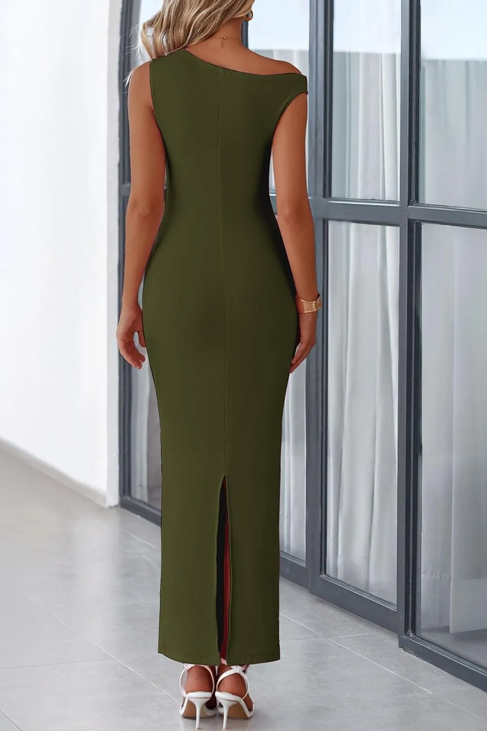 PRETTYGARDEN 2025 Women Summer Formal Maxi Dresses Sleeveless One Shoulder Bodycon Ruched Mesh Wedding Guest Cocktail Dress