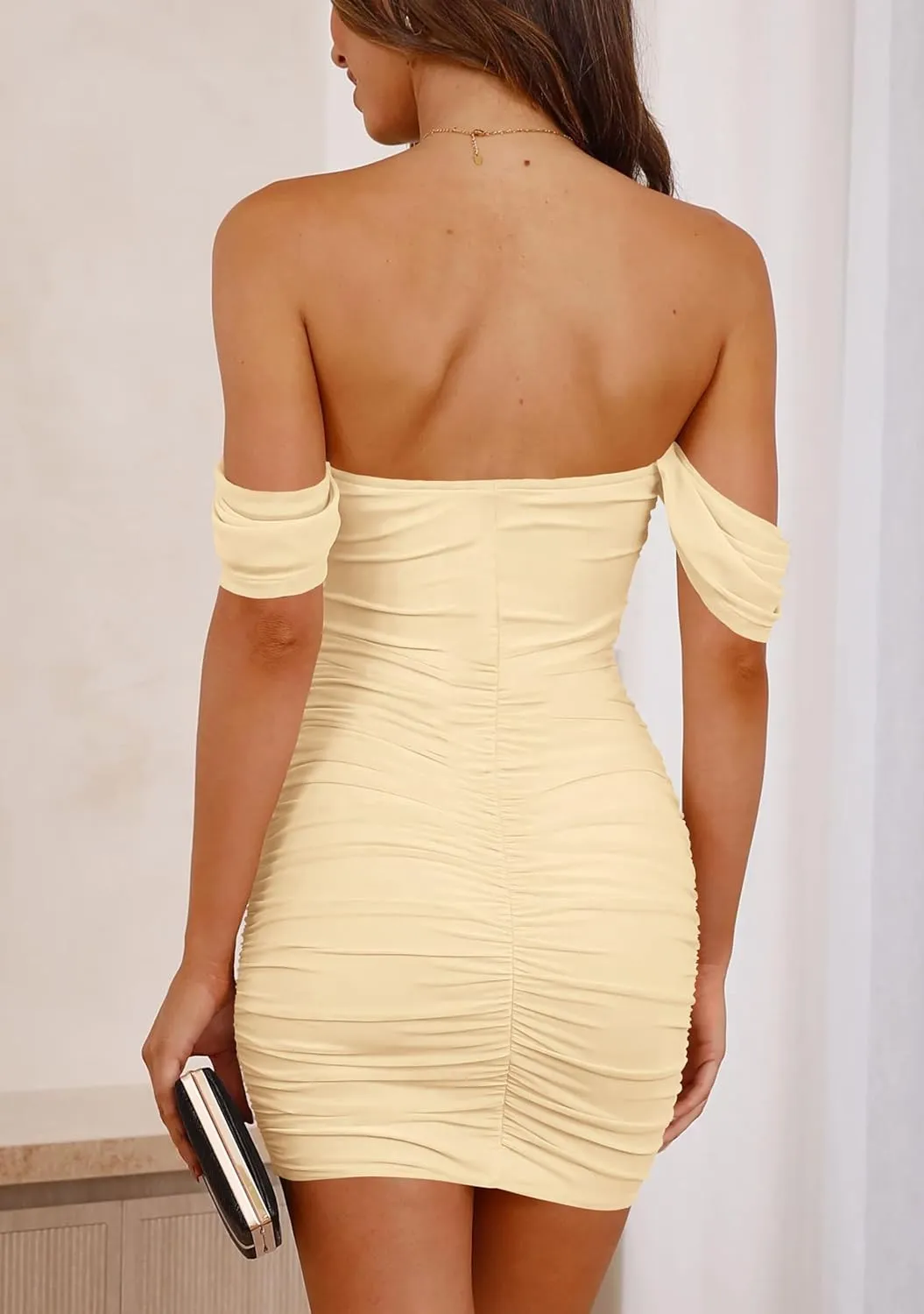 PRETTYGARDEN Summer Off Shoulder Dresses for Women 2025 Ruched Mesh Graduation Cocktail Party Bodycon Mini Short Dress