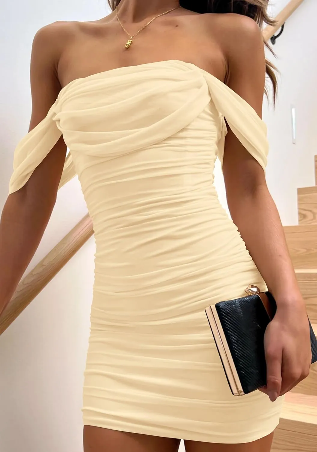 PRETTYGARDEN Summer Off Shoulder Dresses for Women 2025 Ruched Mesh Graduation Cocktail Party Bodycon Mini Short Dress