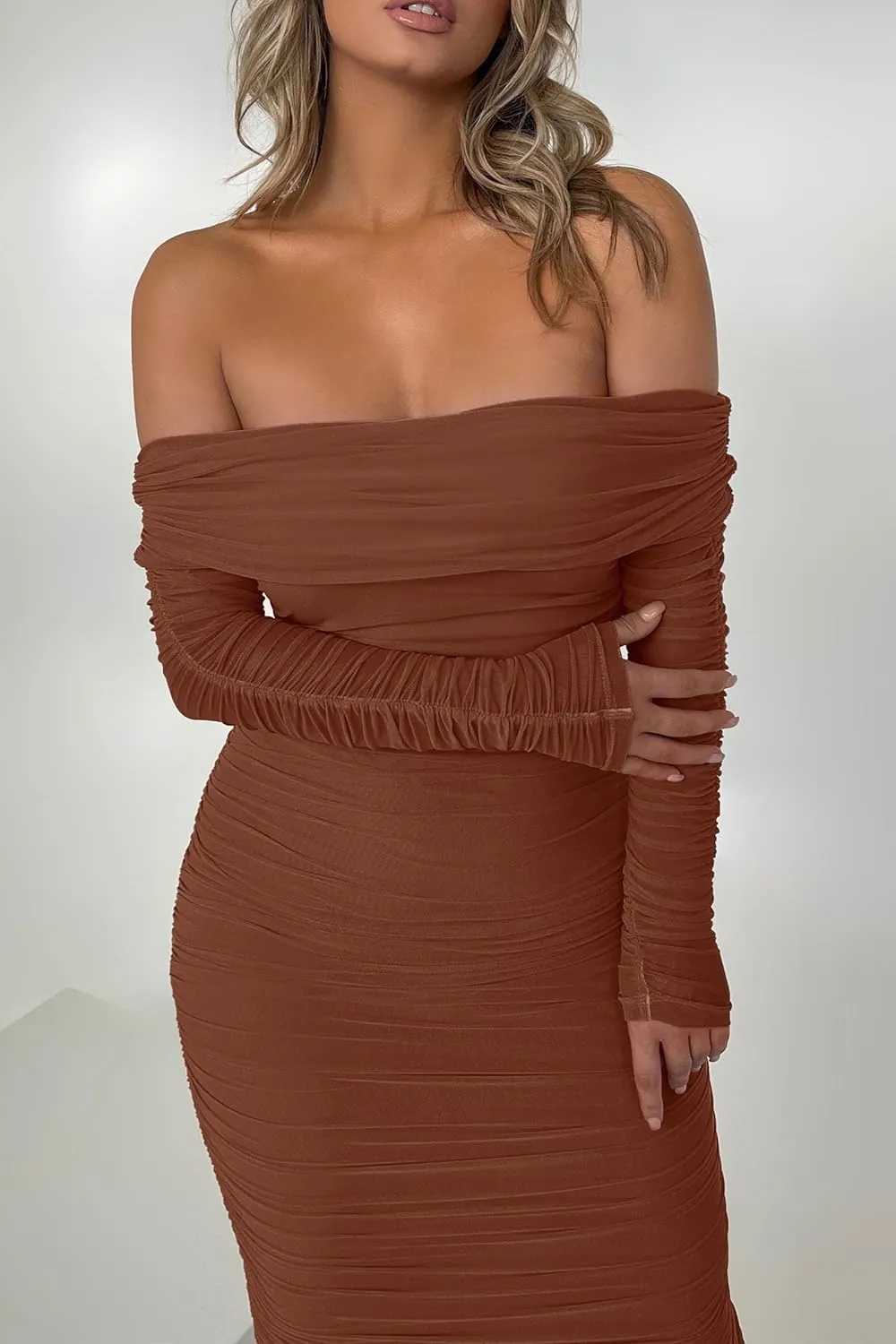 PRETTYGARDEN Women's Fall Off The Shoulder Maxi Dress Spring Long Sleeve Ruched Fitted Bodycon Club Dresses with Slit
