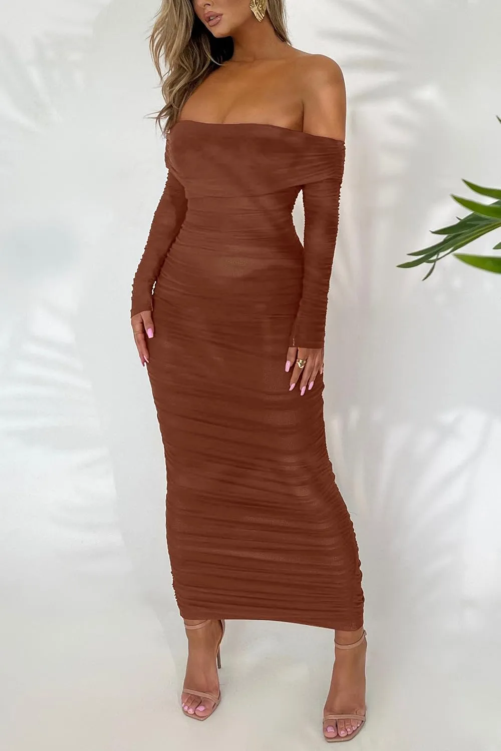 PRETTYGARDEN Women's Fall Off The Shoulder Maxi Dress Spring Long Sleeve Ruched Fitted Bodycon Club Dresses with Slit