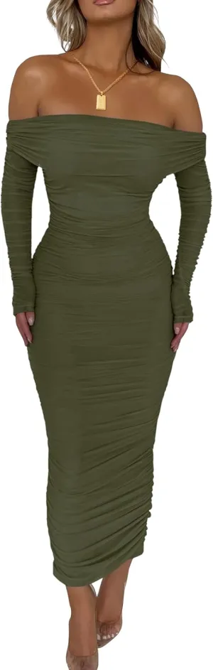 PRETTYGARDEN Women's Fall Off The Shoulder Maxi Dress Spring Long Sleeve Ruched Fitted Bodycon Club Dresses with Slit
