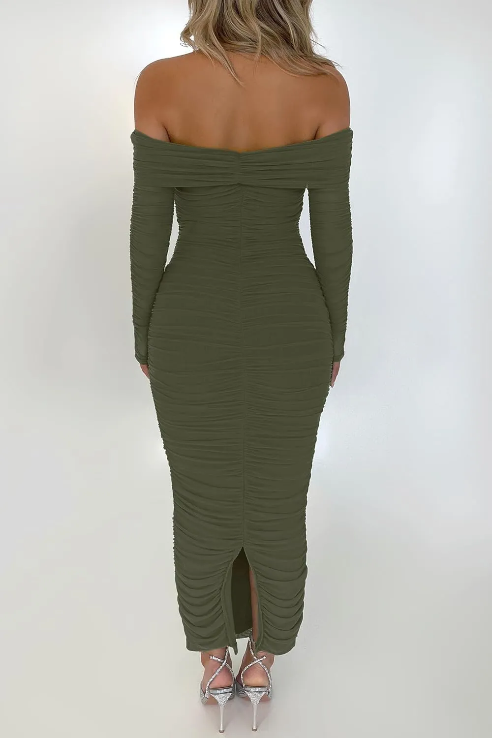 PRETTYGARDEN Women's Fall Off The Shoulder Maxi Dress Spring Long Sleeve Ruched Fitted Bodycon Club Dresses with Slit
