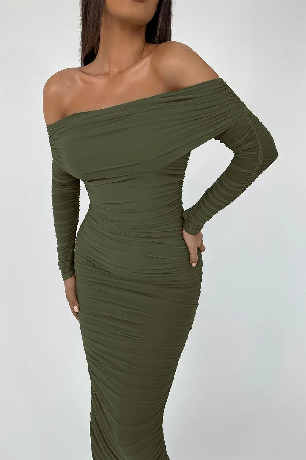 PRETTYGARDEN Women's Fall Off The Shoulder Maxi Dress Spring Long Sleeve Ruched Fitted Bodycon Club Dresses with Slit