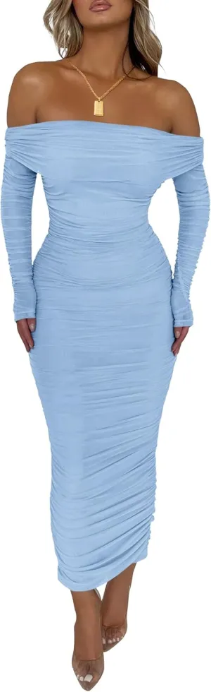 PRETTYGARDEN Women's Fall Off The Shoulder Maxi Dress Spring Long Sleeve Ruched Fitted Bodycon Club Dresses with Slit