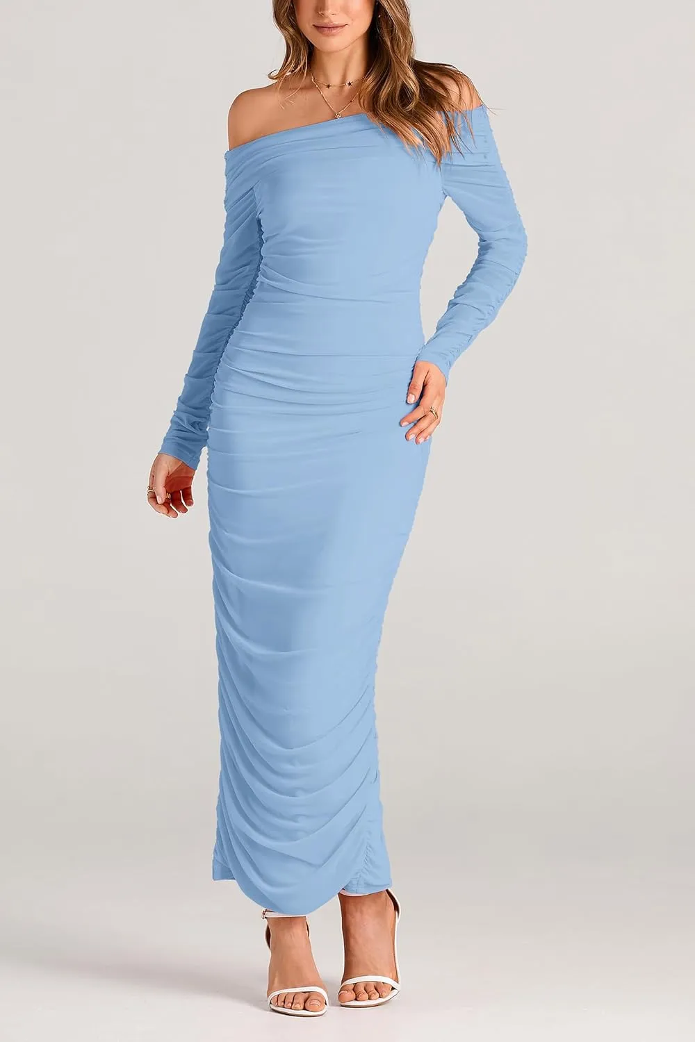 PRETTYGARDEN Women's Fall Off The Shoulder Maxi Dress Spring Long Sleeve Ruched Fitted Bodycon Club Dresses with Slit