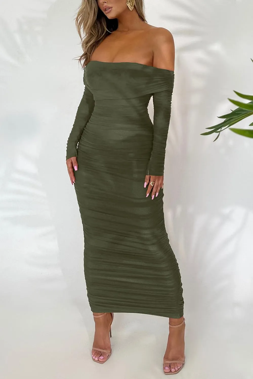 PRETTYGARDEN Women's Fall Off The Shoulder Maxi Dress Spring Long Sleeve Ruched Fitted Bodycon Club Dresses with Slit