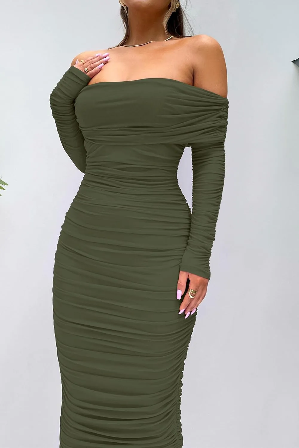 PRETTYGARDEN Women's Fall Off The Shoulder Maxi Dress Spring Long Sleeve Ruched Fitted Bodycon Club Dresses with Slit