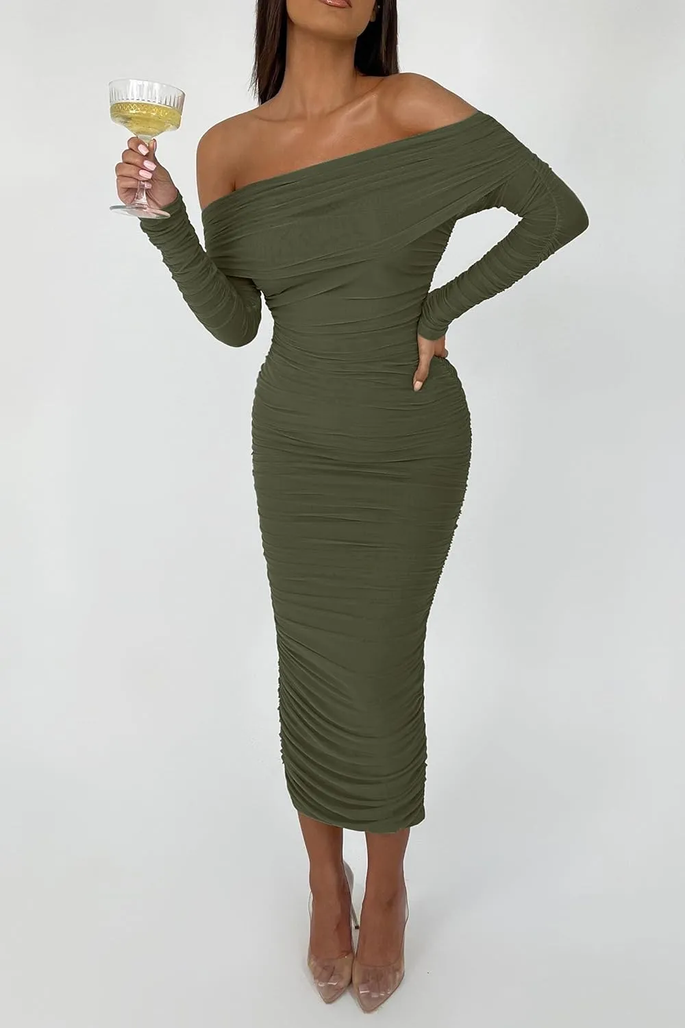 PRETTYGARDEN Women's Fall Off The Shoulder Maxi Dress Spring Long Sleeve Ruched Fitted Bodycon Club Dresses with Slit