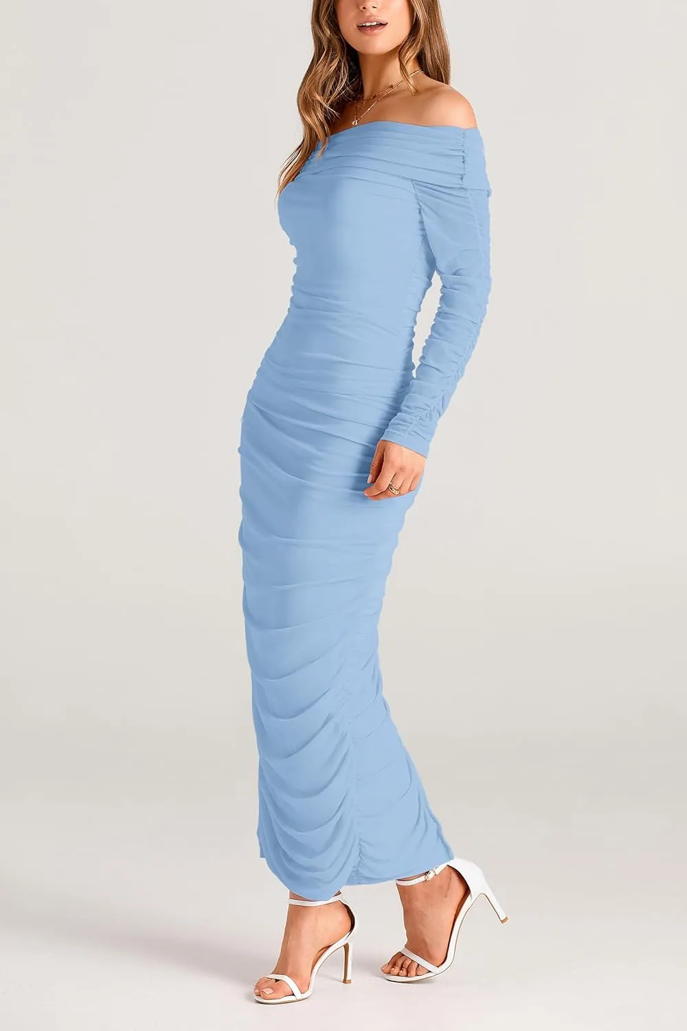 PRETTYGARDEN Women's Fall Off The Shoulder Maxi Dress Spring Long Sleeve Ruched Fitted Bodycon Club Dresses with Slit