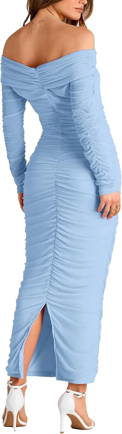 PRETTYGARDEN Women's Fall Off The Shoulder Maxi Dress Spring Long Sleeve Ruched Fitted Bodycon Club Dresses with Slit