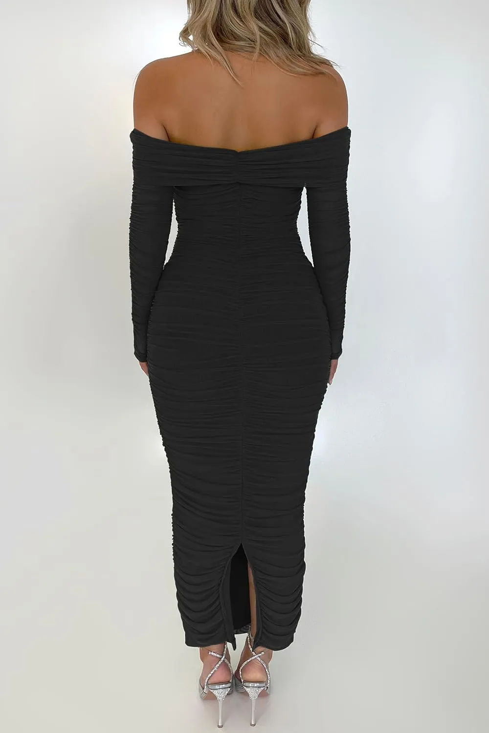 PRETTYGARDEN Women's Fall Off The Shoulder Maxi Dress Spring Long Sleeve Ruched Fitted Bodycon Club Dresses with Slit
