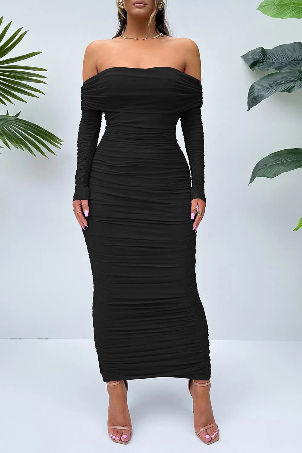 PRETTYGARDEN Women's Fall Off The Shoulder Maxi Dress Spring Long Sleeve Ruched Fitted Bodycon Club Dresses with Slit