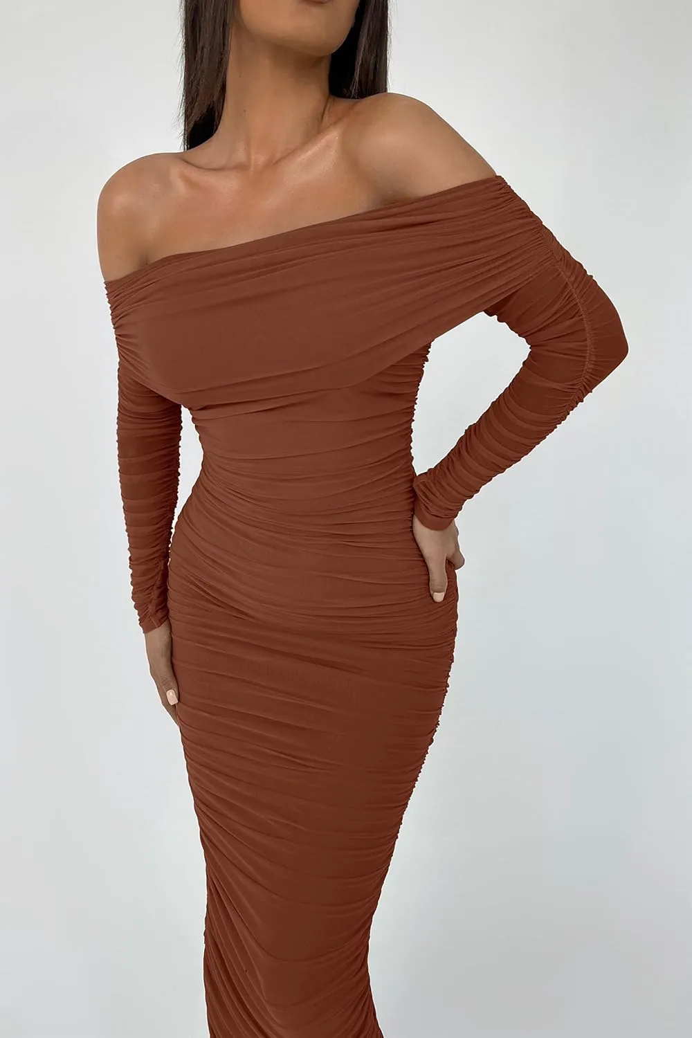 PRETTYGARDEN Women's Fall Off The Shoulder Maxi Dress Spring Long Sleeve Ruched Fitted Bodycon Club Dresses with Slit