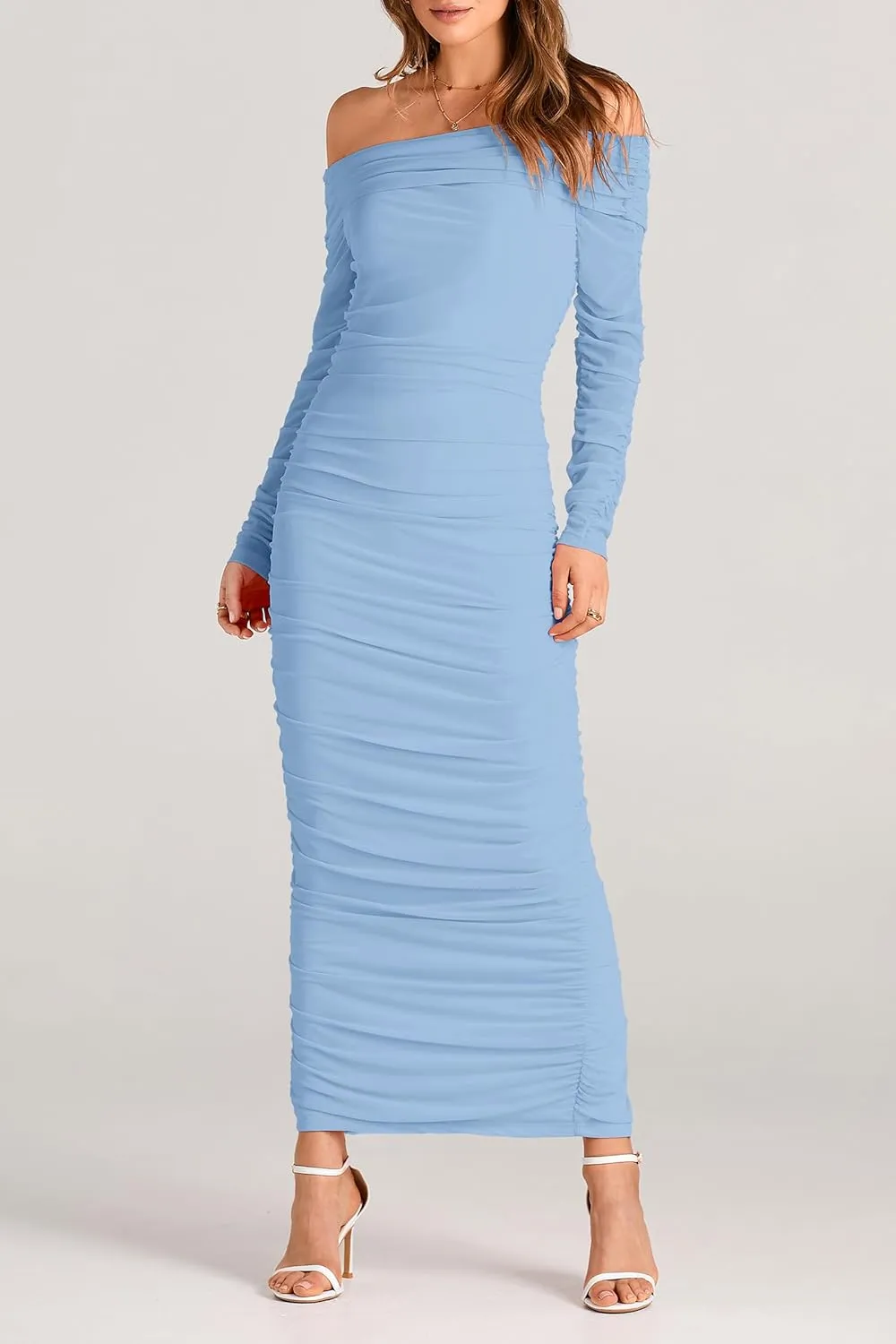 PRETTYGARDEN Women's Fall Off The Shoulder Maxi Dress Spring Long Sleeve Ruched Fitted Bodycon Club Dresses with Slit
