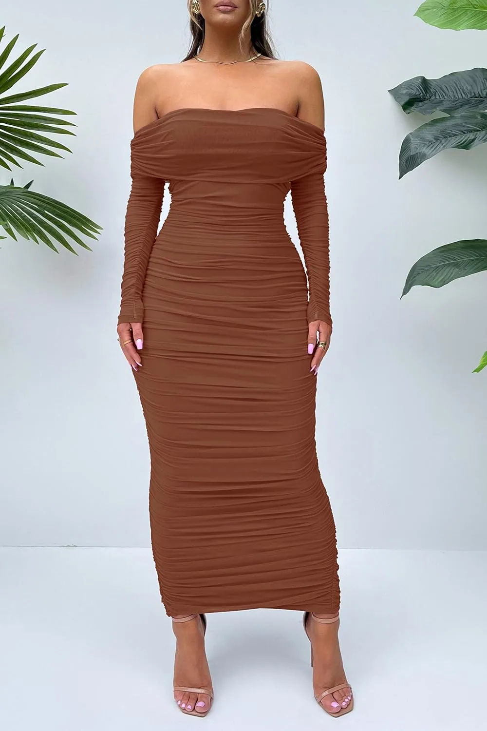 PRETTYGARDEN Women's Fall Off The Shoulder Maxi Dress Spring Long Sleeve Ruched Fitted Bodycon Club Dresses with Slit