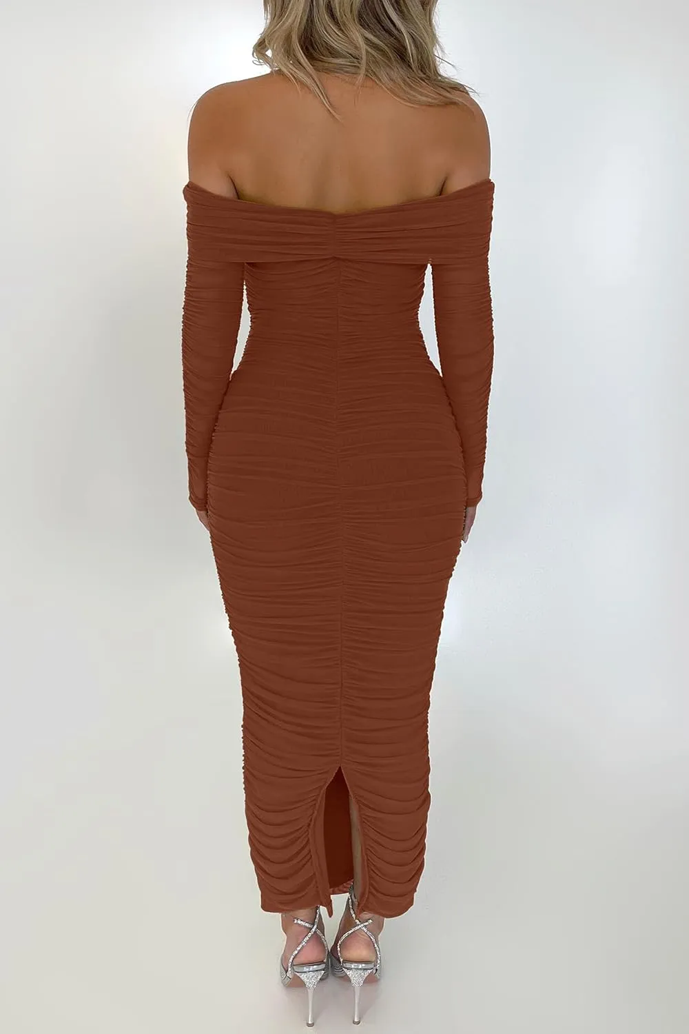 PRETTYGARDEN Women's Fall Off The Shoulder Maxi Dress Spring Long Sleeve Ruched Fitted Bodycon Club Dresses with Slit