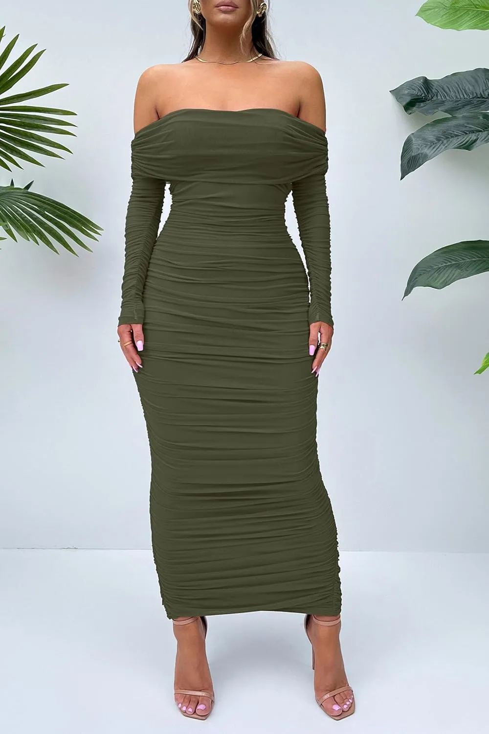 PRETTYGARDEN Women's Fall Off The Shoulder Maxi Dress Spring Long Sleeve Ruched Fitted Bodycon Club Dresses with Slit
