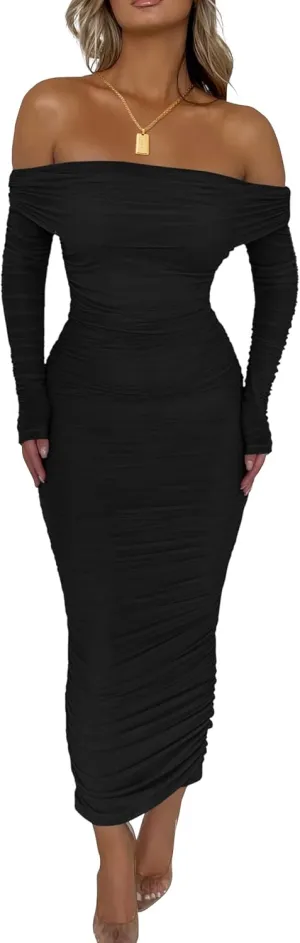 PRETTYGARDEN Women's Fall Off The Shoulder Maxi Dress Spring Long Sleeve Ruched Fitted Bodycon Club Dresses with Slit