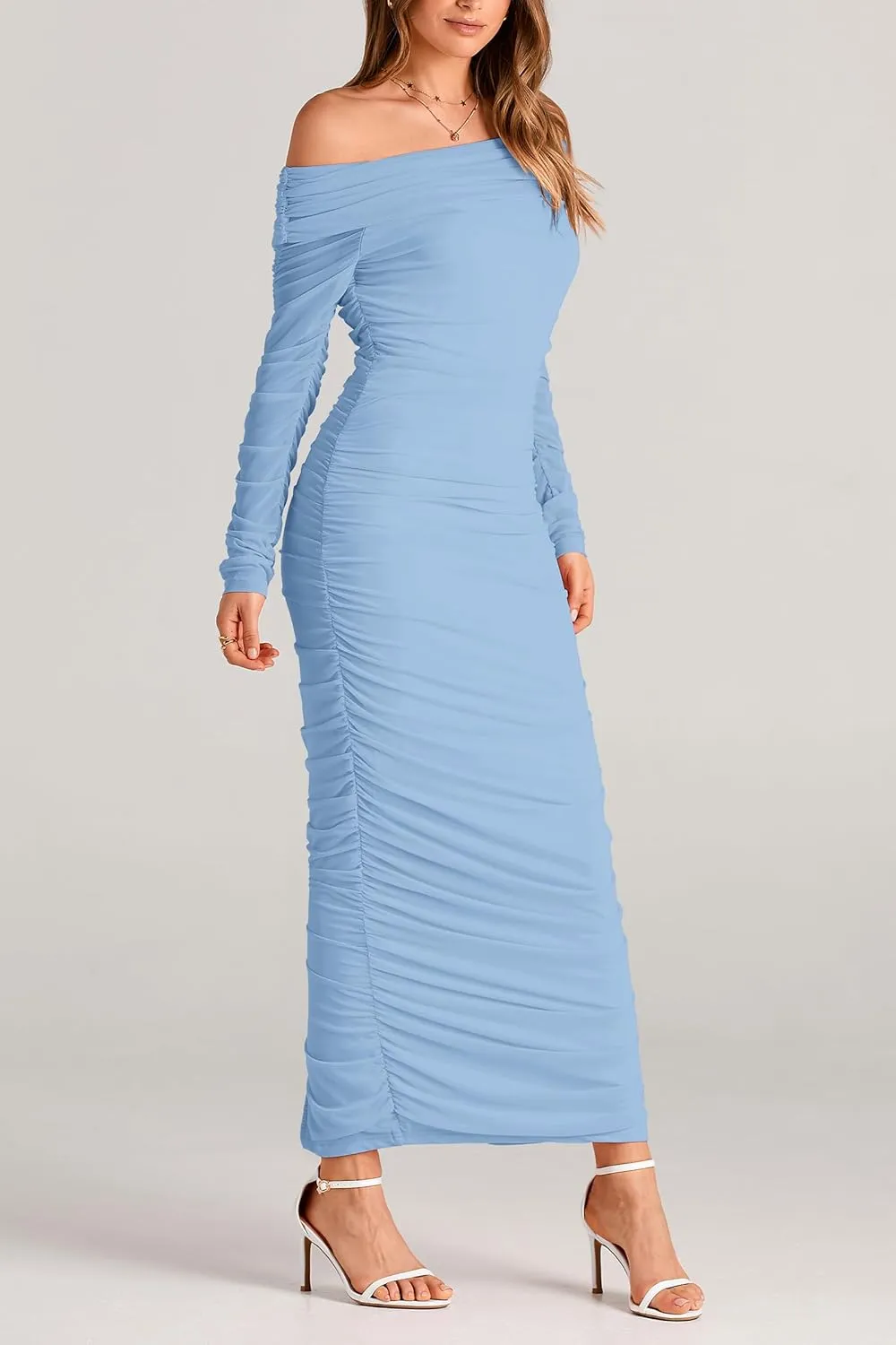 PRETTYGARDEN Women's Fall Off The Shoulder Maxi Dress Spring Long Sleeve Ruched Fitted Bodycon Club Dresses with Slit