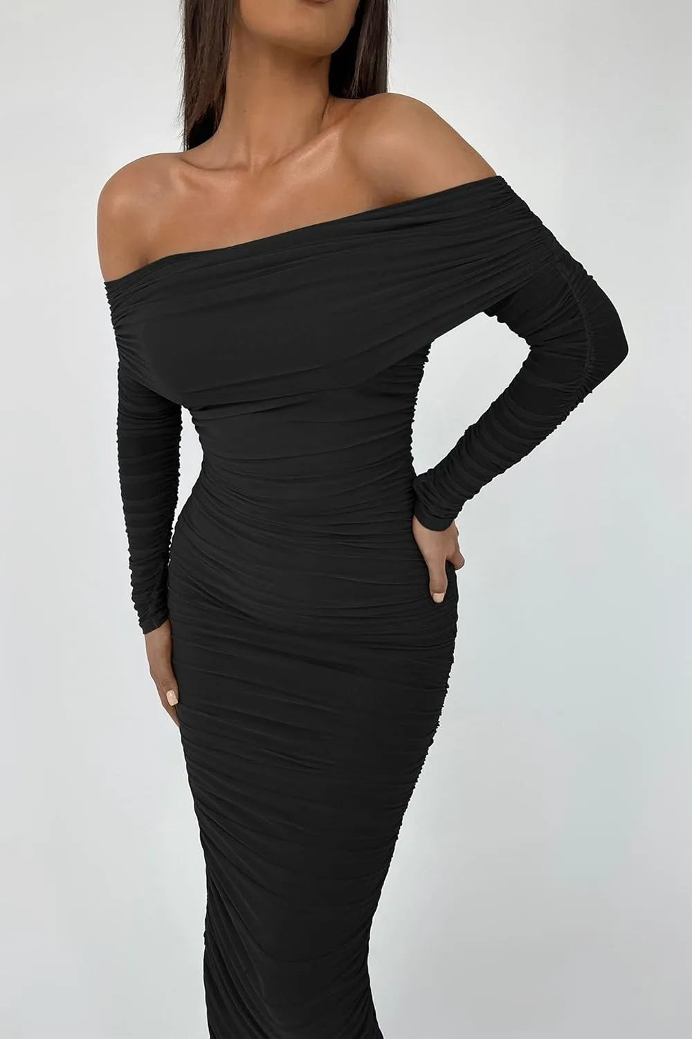PRETTYGARDEN Women's Fall Off The Shoulder Maxi Dress Spring Long Sleeve Ruched Fitted Bodycon Club Dresses with Slit