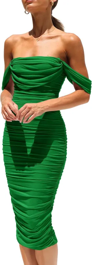 PRETTYGARDEN Women's Summer Off The Shoulder Dresses Sleeveless Ruched Fitted Cocktail Party Club Midi Bodycon Dress