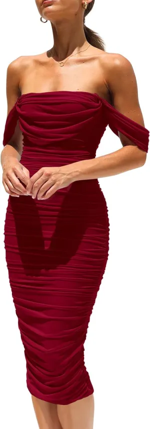 PRETTYGARDEN Women's Summer Off The Shoulder Dresses Sleeveless Ruched Fitted Cocktail Party Club Midi Bodycon Dress