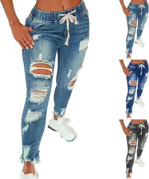 Pull on Jeans for Women Stretchy Drawstring High Waisted Raw Hem Ripped Skinny Plus Size Denim Boyfriend with Pockets