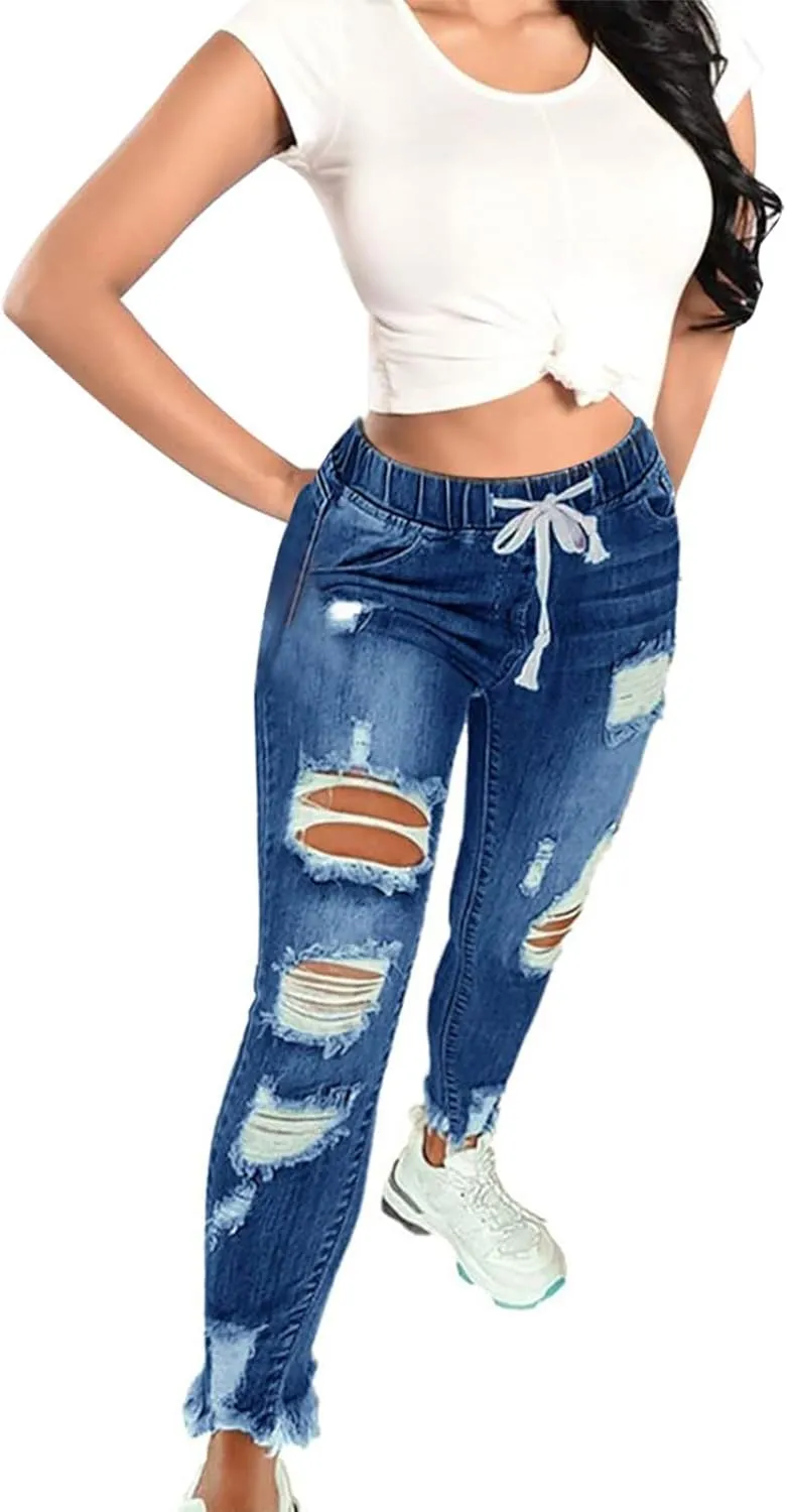 Pull on Jeans for Women Stretchy Drawstring High Waisted Raw Hem Ripped Skinny Plus Size Denim Boyfriend with Pockets