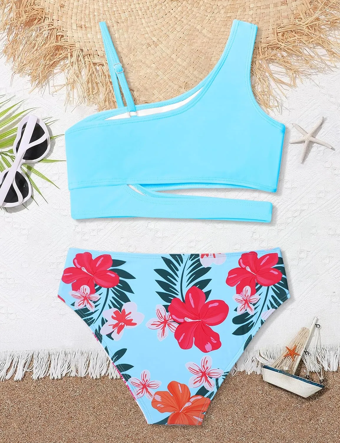 Queenstyle Girls Swimsuits Bikini Set Kids Cutout Bathing Suit Bikini Top Two Piece Girls' Swimwear