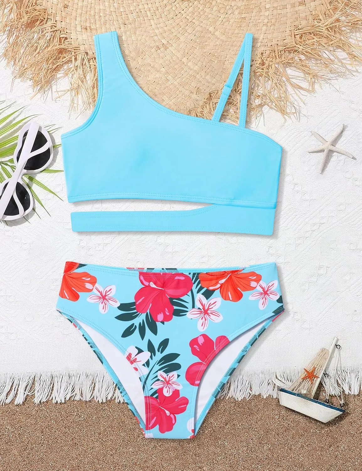 Queenstyle Girls Swimsuits Bikini Set Kids Cutout Bathing Suit Bikini Top Two Piece Girls' Swimwear