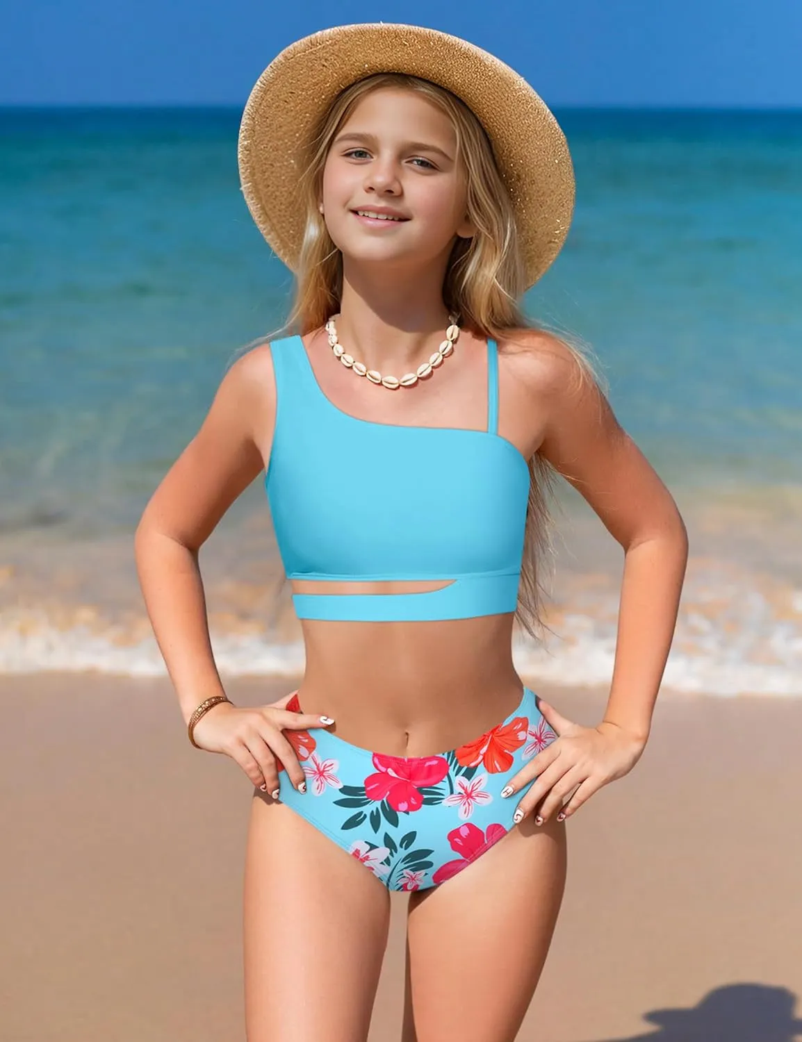Queenstyle Girls Swimsuits Bikini Set Kids Cutout Bathing Suit Bikini Top Two Piece Girls' Swimwear