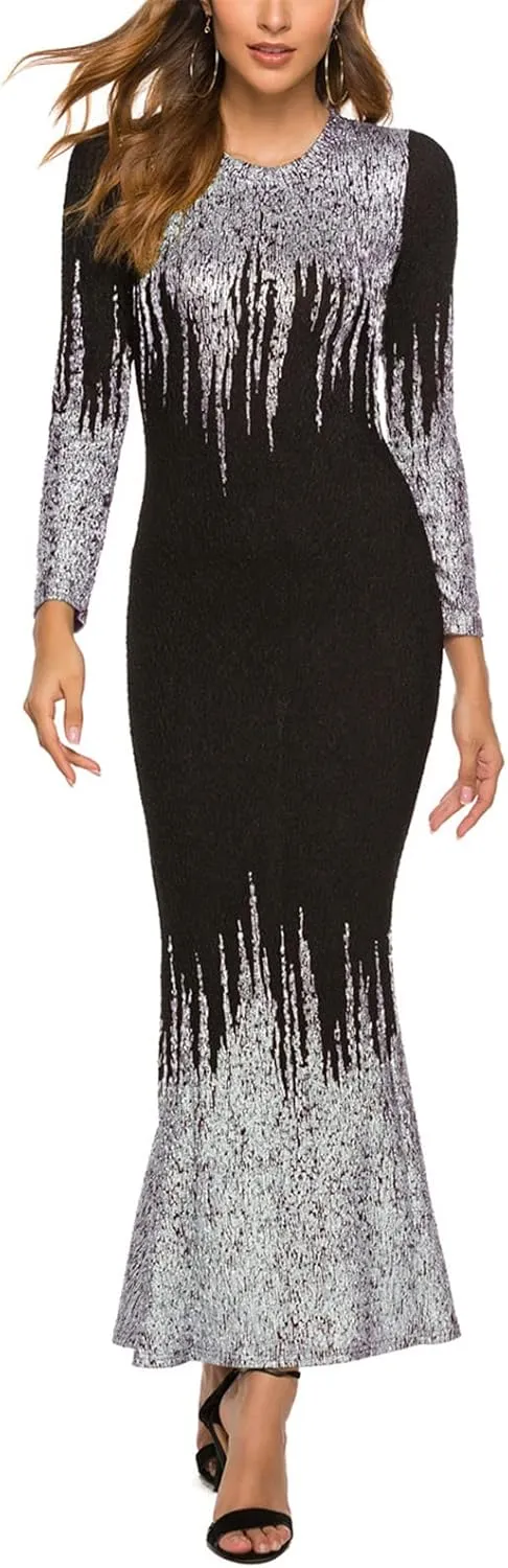 Resnan Women's Bronzing High Waist Dress Slim fit Pencil Long Sleeves Party Summer Bodycon Sexy Midi Evening Dress